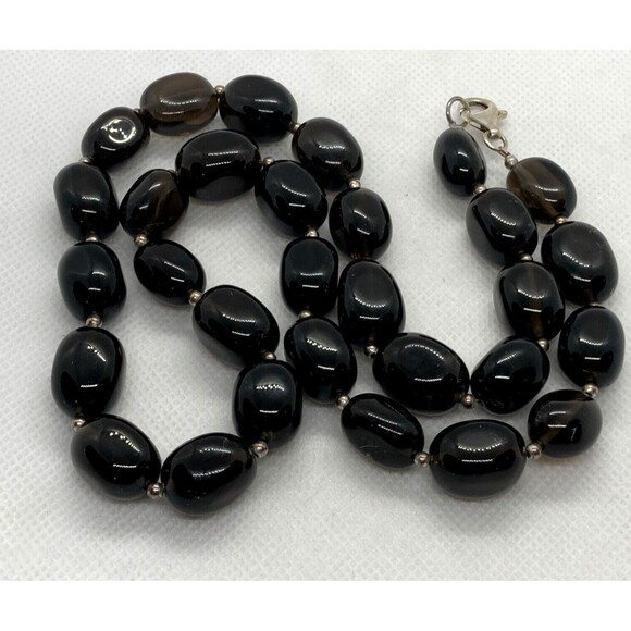 Brown Polished Smoky Quartz Beaded 24'' Necklace Sterling 925 Silver Clasp 130g - Picture 7 of 8